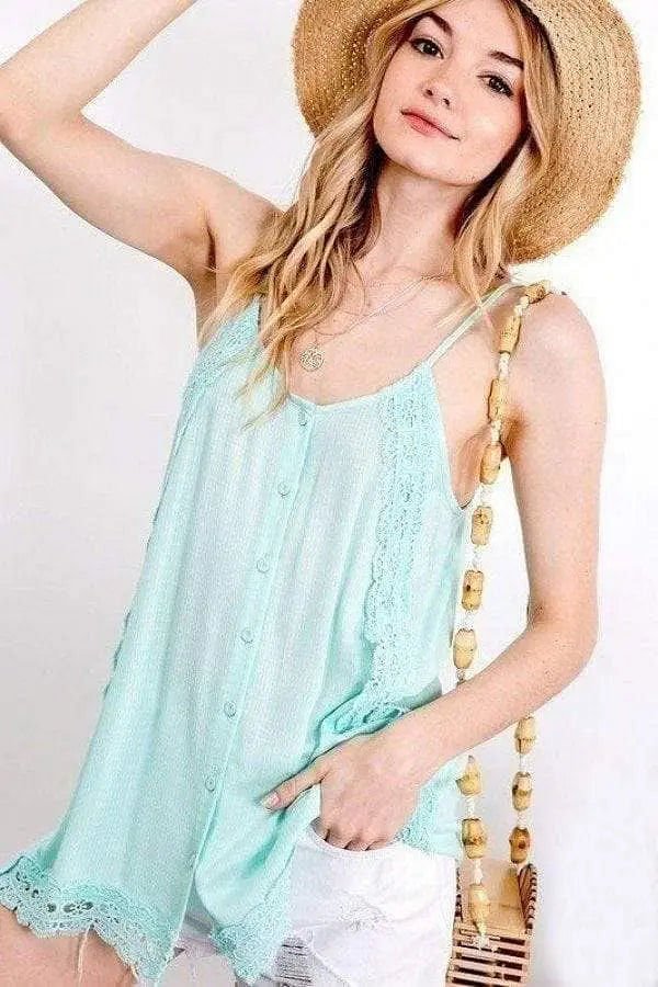 Mint Spaghetti Strap Cami With Front Buttons - Shopping Therapy S Top