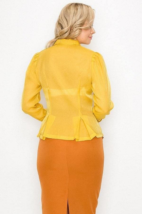 Mustard Long Sleeve Button Down Pleated Blouse - Shopping Therapy Shirts & Tops