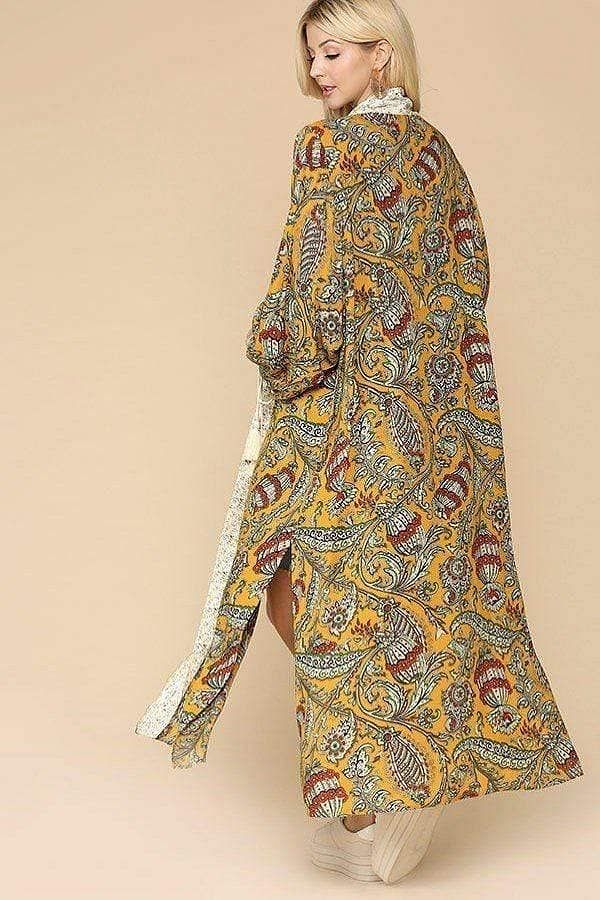 Mustard Long Sleeve Maxi Kimono With Side Slits - Shopping Therapy, LLC Kimono