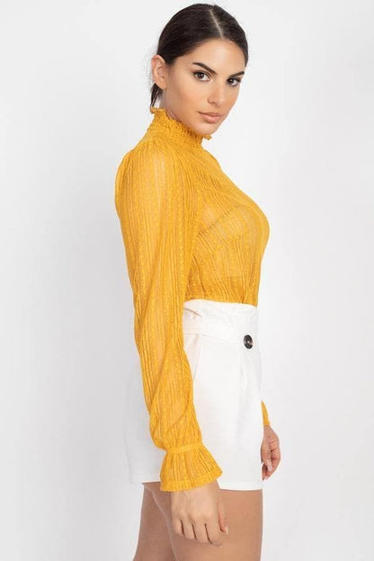 Mustard Long Sleeve Ruffle Neck Sheer Lace Top - Shopping Therapy, LLC Shirts & Tops