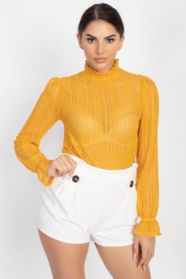 Mustard Long Sleeve Ruffle Neck Sheer Lace Top - Shopping Therapy, LLC Shirts & Tops