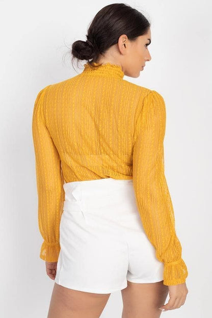 Mustard Long Sleeve Ruffle Neck Sheer Lace Top - Shopping Therapy, LLC Shirts & Tops