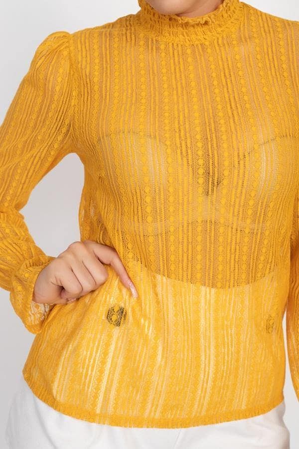 Mustard Long Sleeve Ruffle Neck Sheer Lace Top - Shopping Therapy, LLC Shirts & Tops