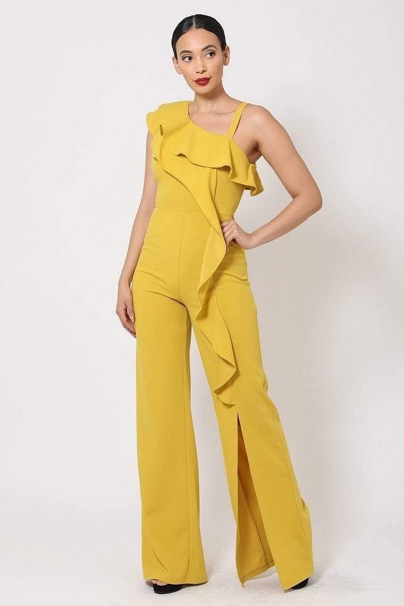Mustard One Shoulder Ruffle Jumpsuit - Shopping Therapy M Jumpsuit