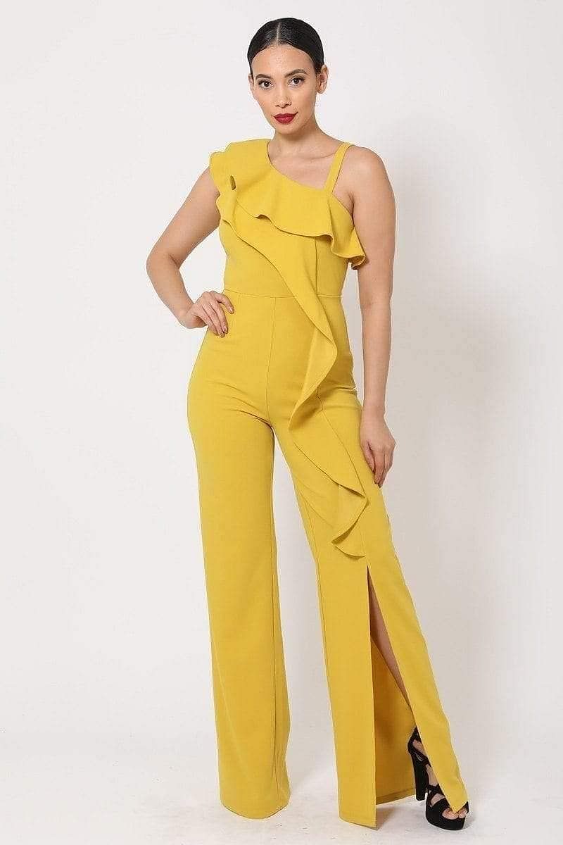 Mustard One Shoulder Ruffle Jumpsuit - Shopping Therapy S Jumpsuit