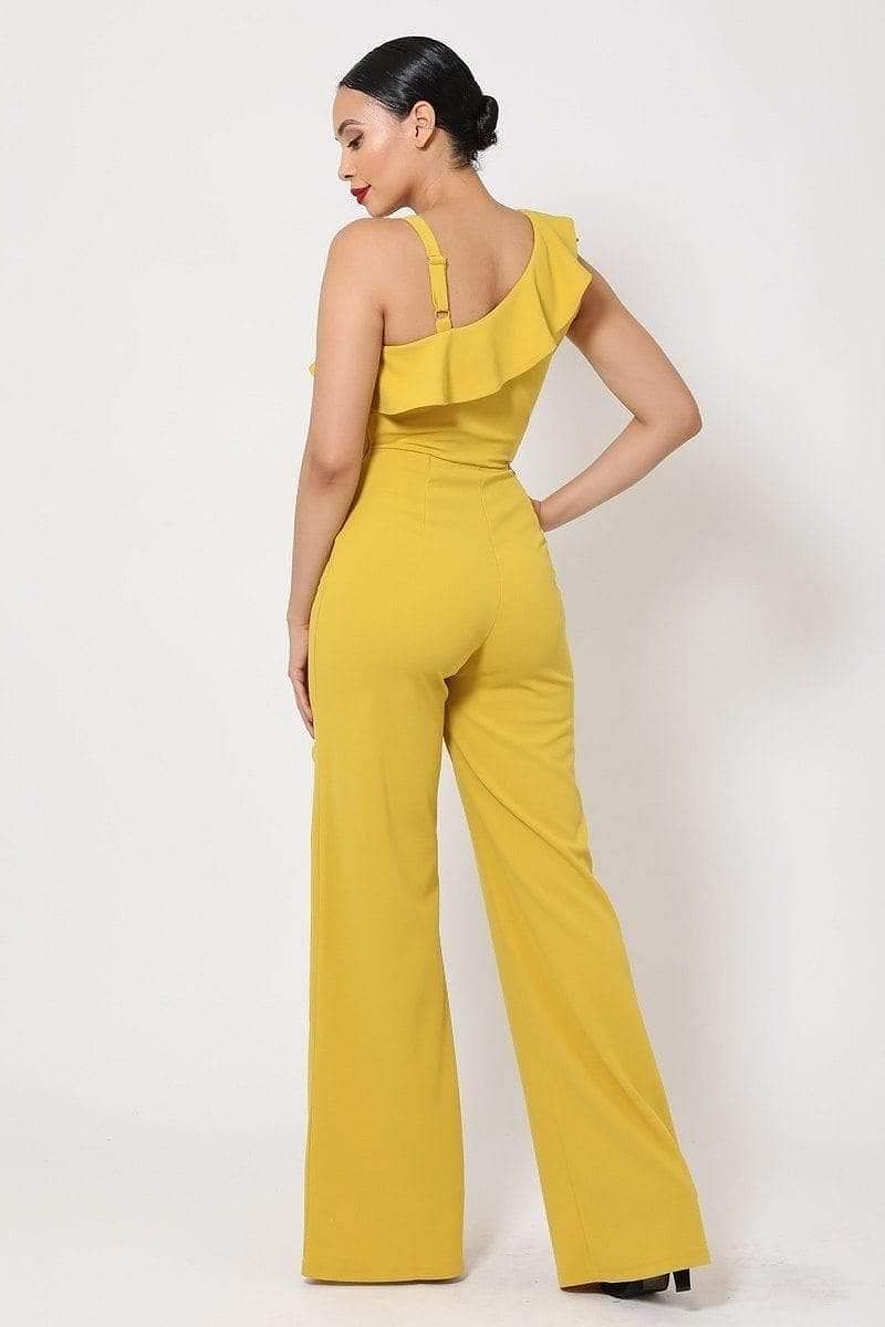 Mustard One Shoulder Ruffle Jumpsuit - Shopping Therapy Jumpsuit
