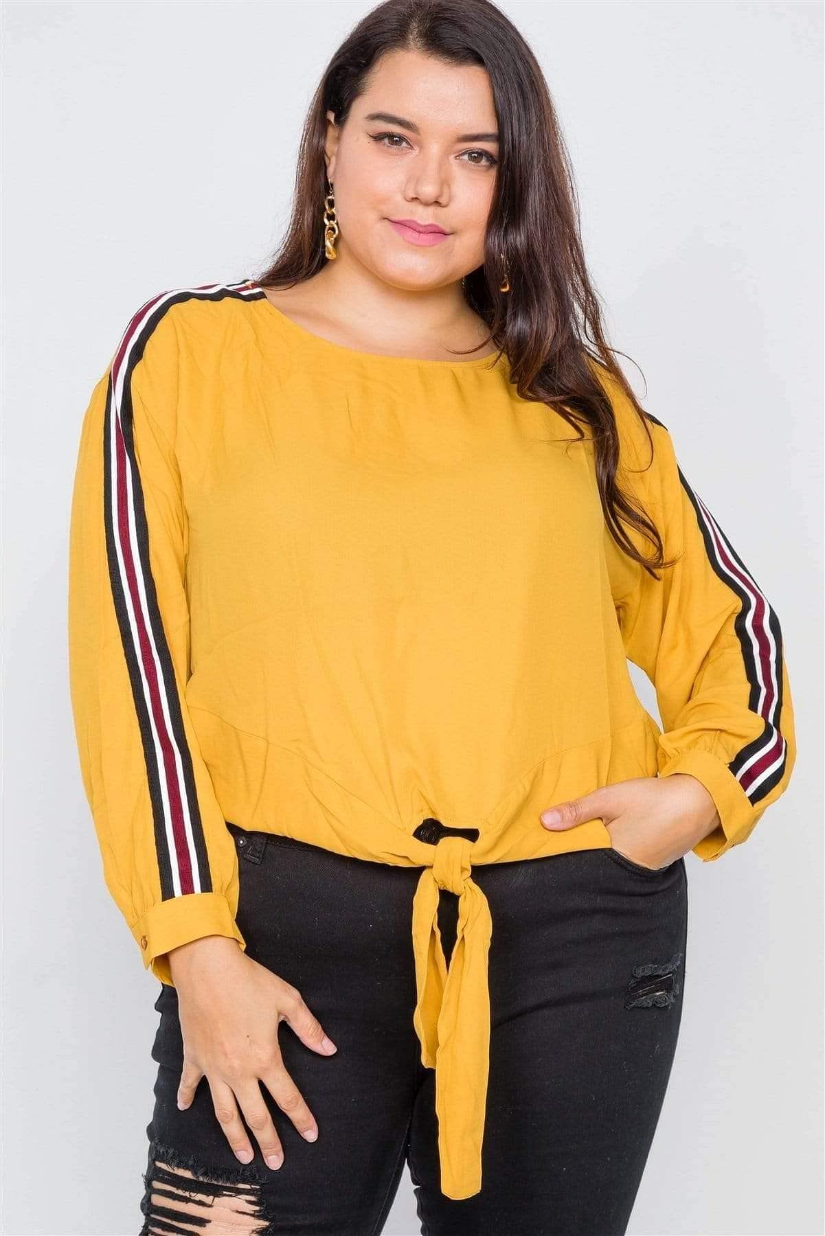 Mustard Plus Size Long Sleeve Stripe Top - Shopping Therapy Sweatshirt