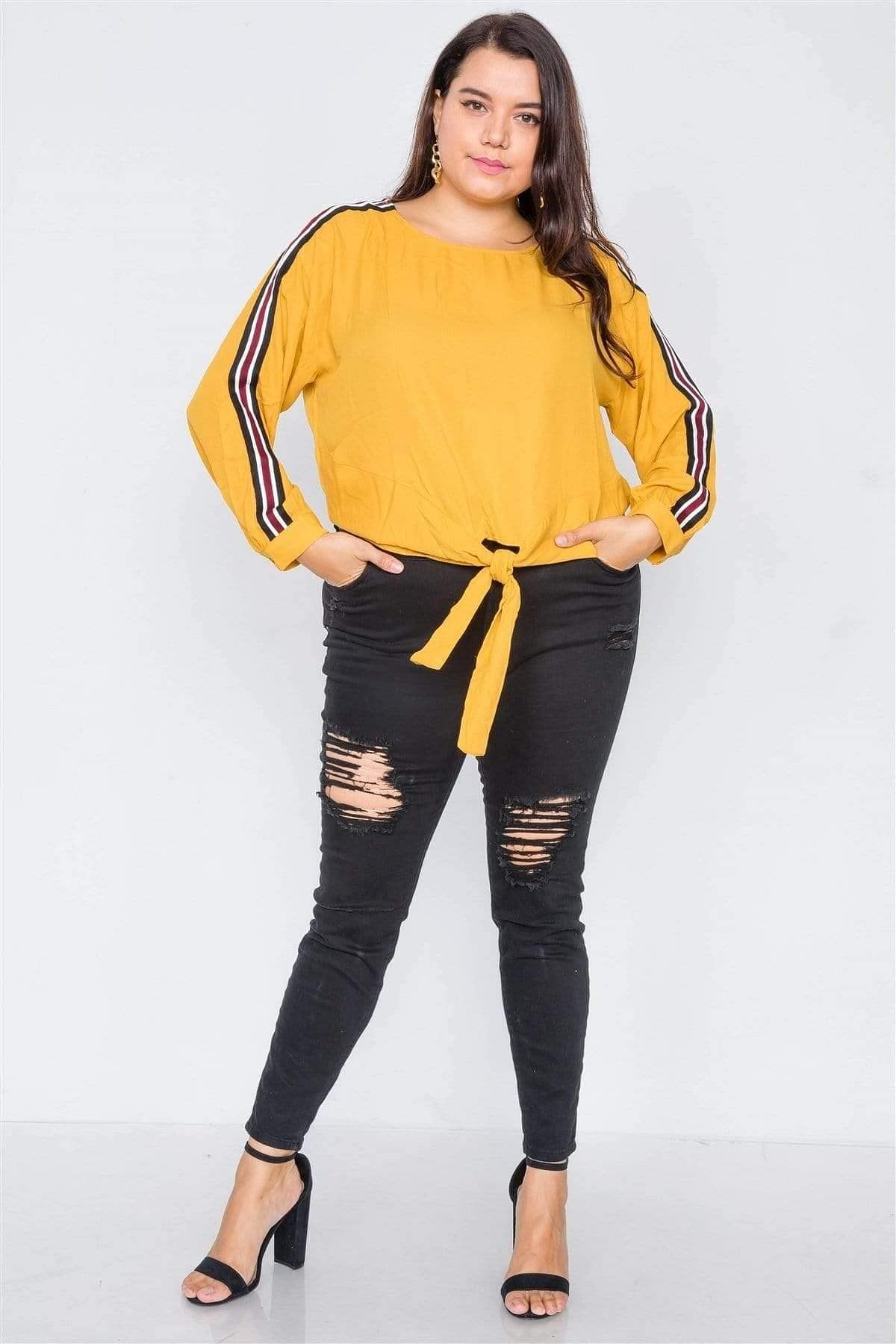 Mustard Plus Size Long Sleeve Stripe Top - Shopping Therapy 3XL Sweatshirt