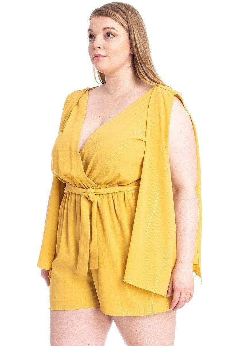 Mustard Plus Size Short Sleeve V-Neck Romper - Shopping Therapy 2XL rompers