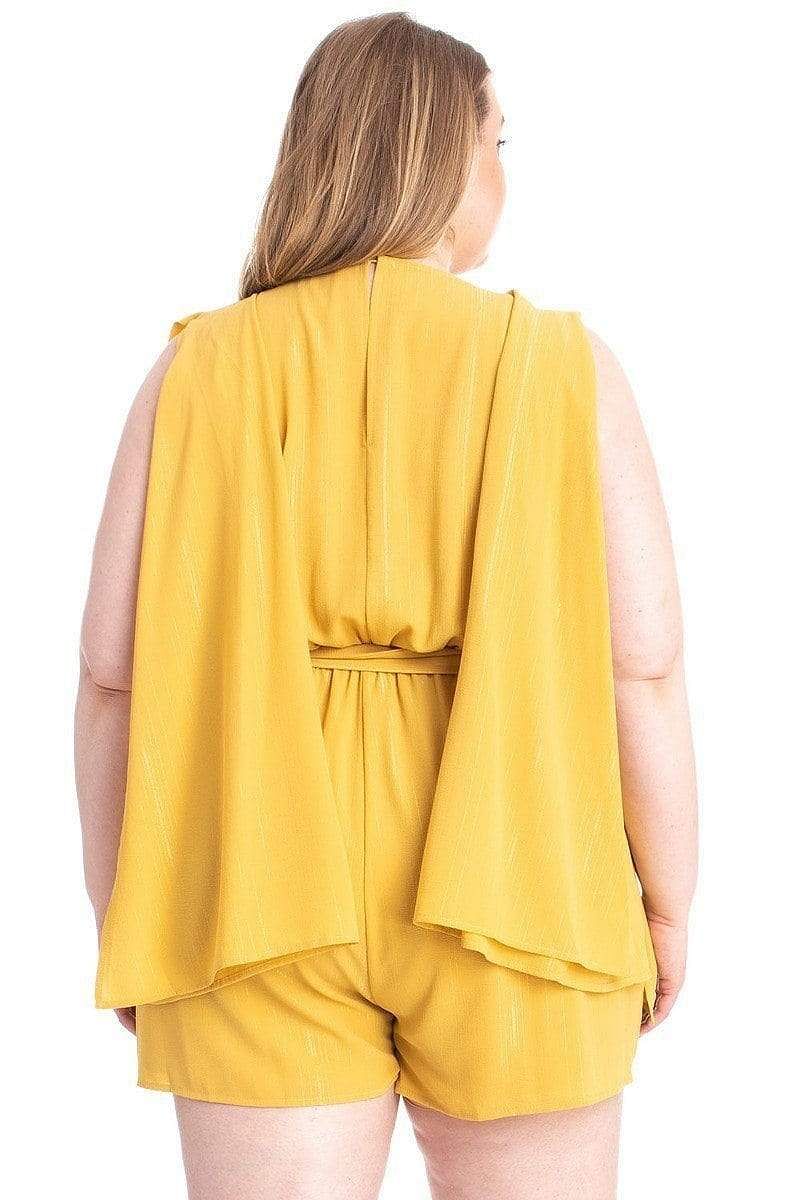 Mustard Plus Size Short Sleeve V-Neck Romper - Shopping Therapy rompers