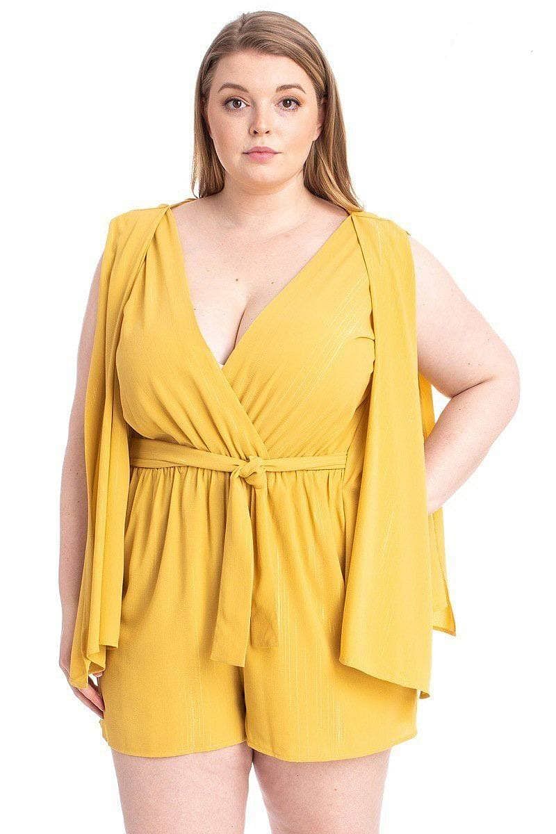 Mustard Plus Size Short Sleeve V-Neck Romper - Shopping Therapy 1XL rompers