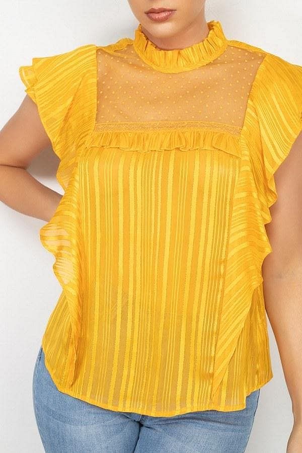 Mustard Short Sleeve Sheer Lace Ruffle Top - Shopping Therapy M Top
