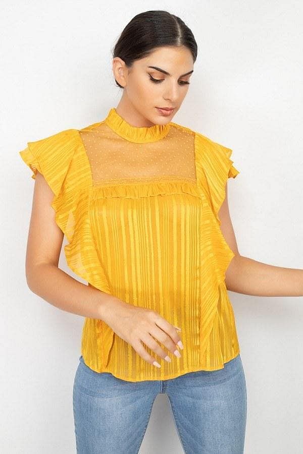 Mustard Short Sleeve Sheer Lace Ruffle Top - Shopping Therapy S Top