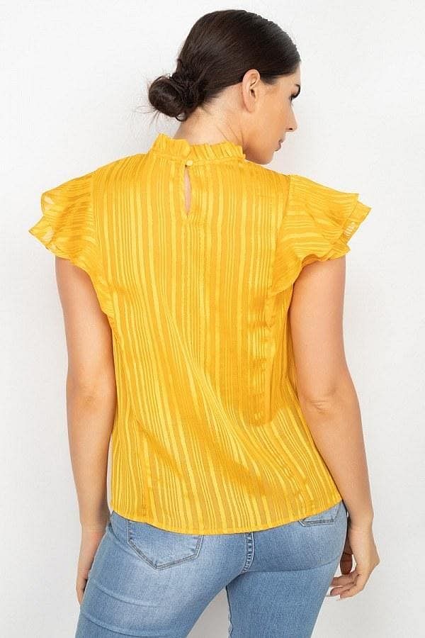 Mustard Short Sleeve Sheer Lace Ruffle Top - Shopping Therapy Top