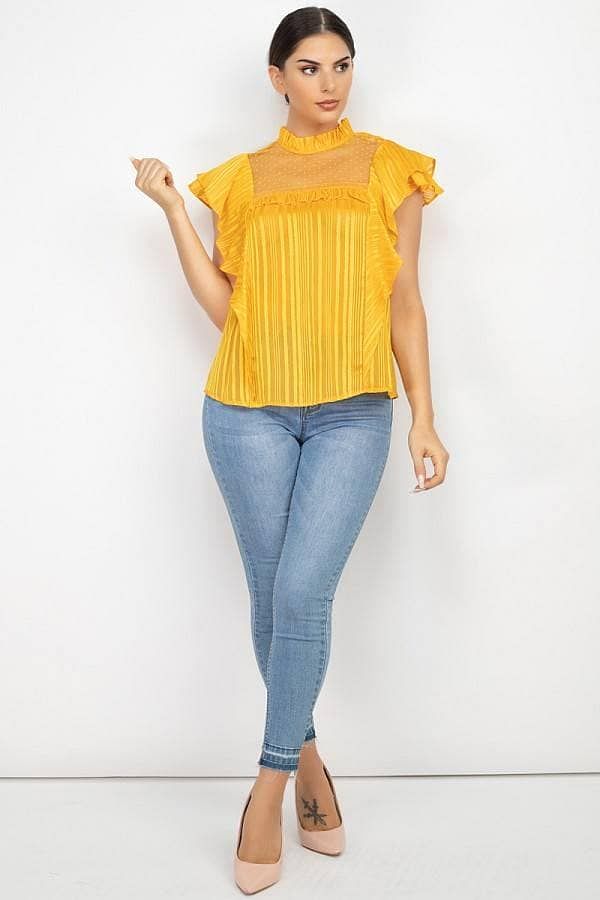Mustard Short Sleeve Sheer Lace Ruffle Top - Shopping Therapy L Top