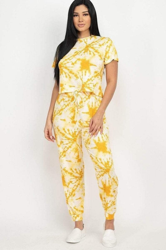 Mustard Short Sleeve Tie-Dye Top And Pants Set - Shopping Therapy, LLC 