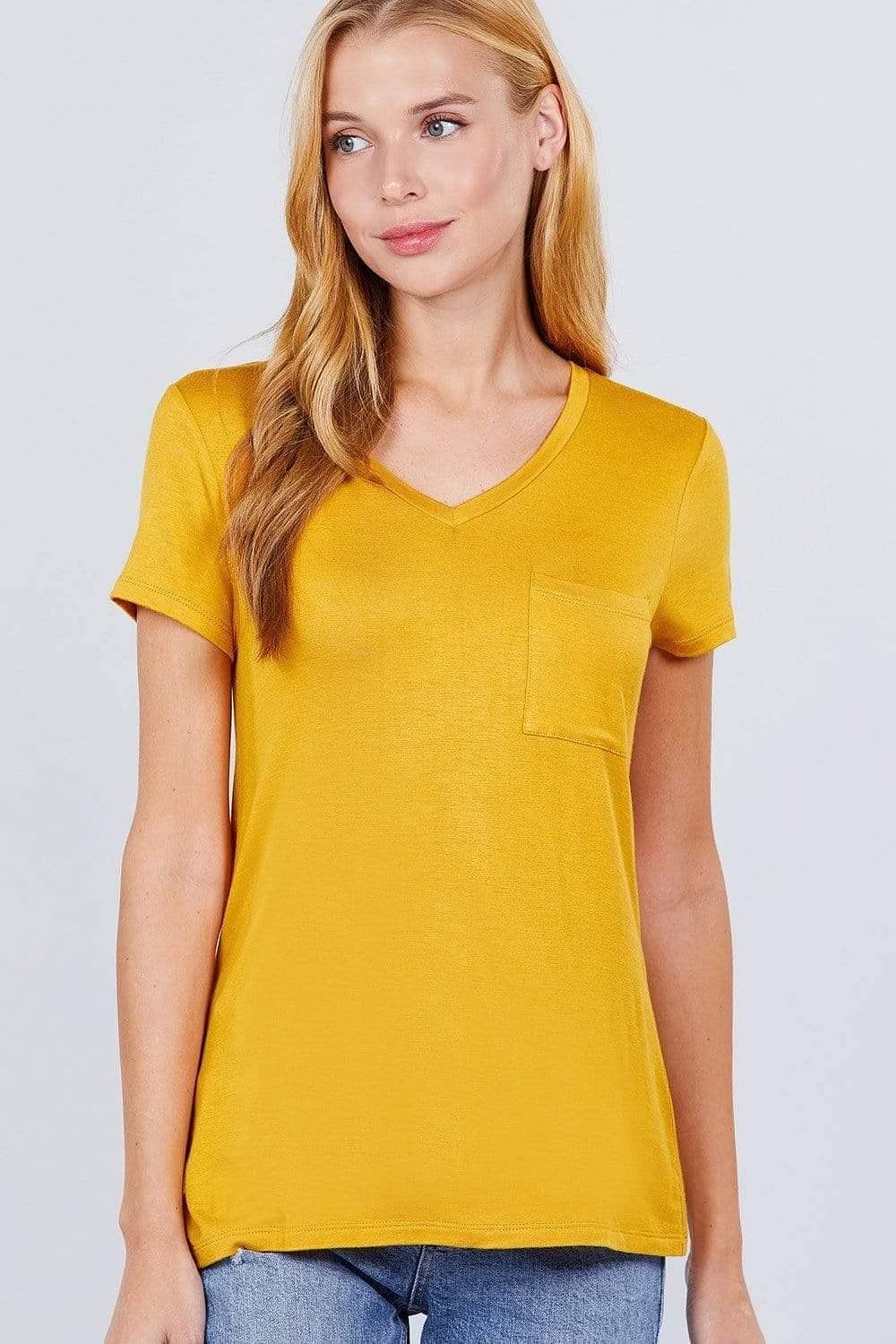 Mustard Short Sleeve V-Neck Rayon Jersey - Shopping Therapy, LLC Tops