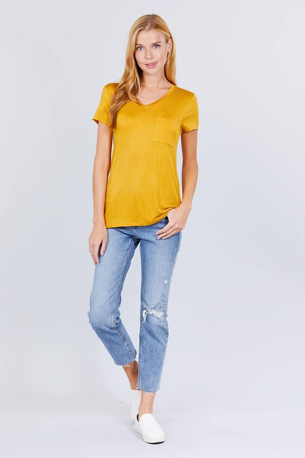 Mustard Short Sleeve V-Neck Rayon Jersey - Shopping Therapy, LLC Tops