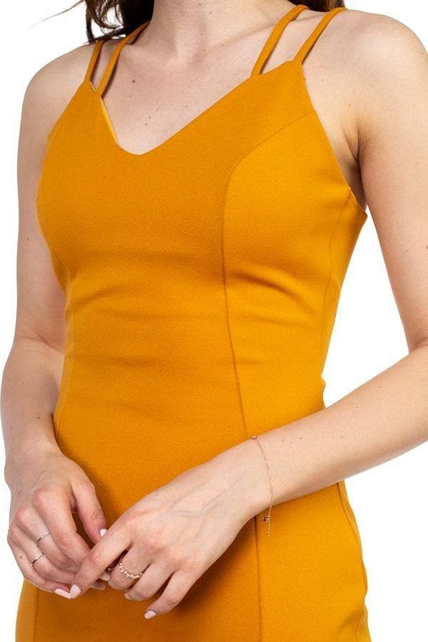 Mustard V-Neck Double Spaghetti Strap Dress - Shopping Therapy, LLC Dress