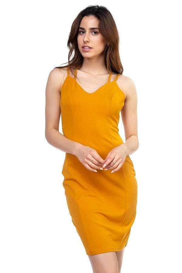 Mustard V-Neck Double Spaghetti Strap Dress - Shopping Therapy, LLC Dress