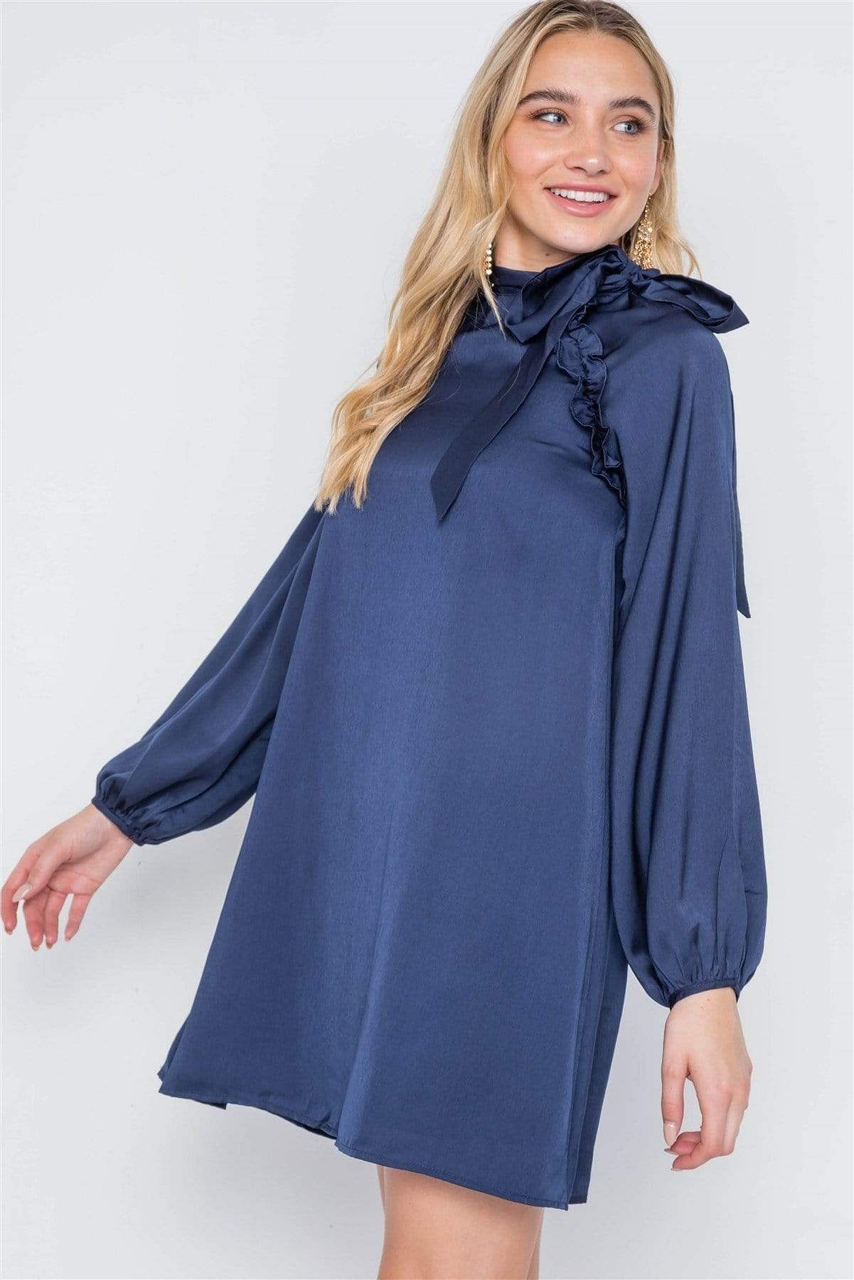 Navy Long Sleeve High Neck Mini Satin Dress - Shopping Therapy, LLC Dress
