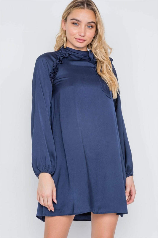 Navy Long Sleeve High Neck Mini Satin Dress - Shopping Therapy, LLC Dress