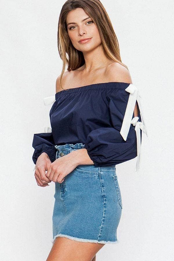 Navy Long Sleeve Off-the-shoulder Top - Shopping Therapy, LLC Top
