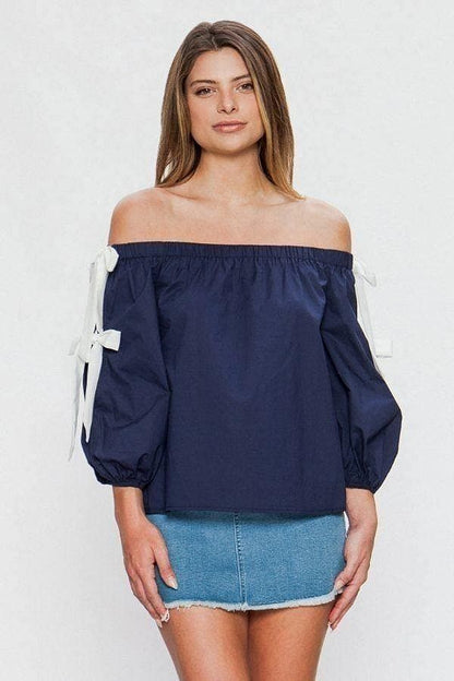 Navy Long Sleeve Off-the-shoulder Top - Shopping Therapy, LLC Top