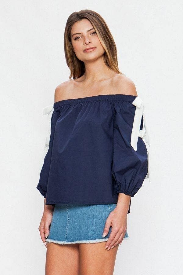Navy Long Sleeve Off-the-shoulder Top - Shopping Therapy, LLC Top