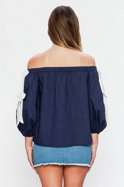 Navy Long Sleeve Off-the-shoulder Top - Shopping Therapy, LLC Top