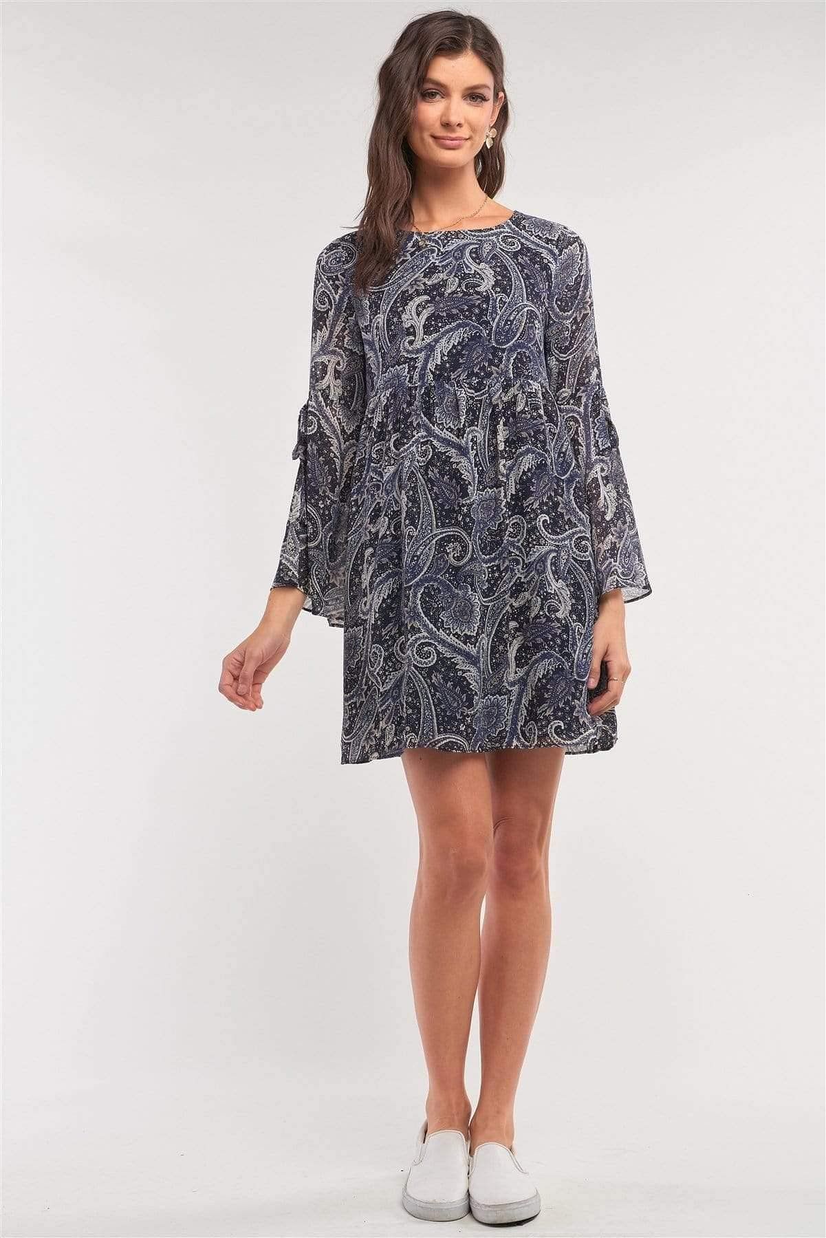 Navy Paisley Print Long Sleeve Mini Dress - Shopping Therapy, LLC dress
