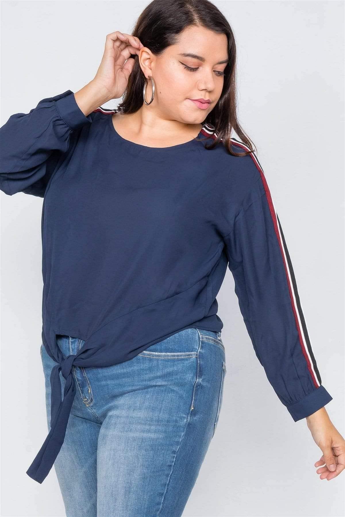 Navy Plus Size Long Sleeve Stripe Top - Shopping Therapy, LLC Top