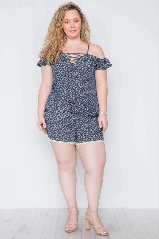 Navy Plus Size Short Sleeve Floral Print Romper - Shopping Therapy, LLC rompers