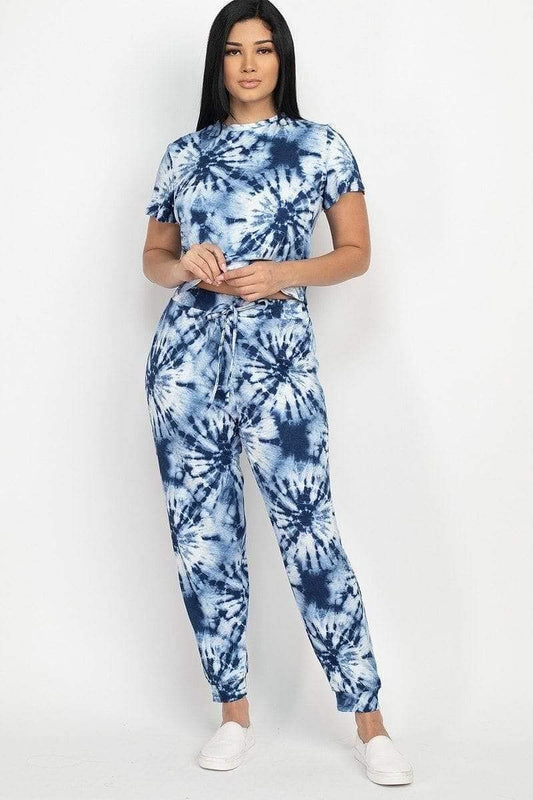 Navy Short Sleeve Tie-Dye Top And Pants Set - Shopping Therapy, LLC Outfit Sets