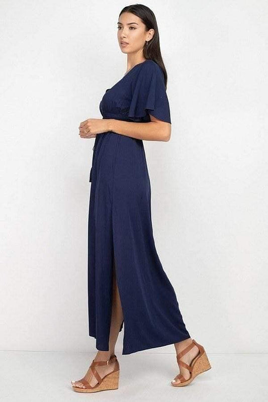 Navy Smocked Waist Maxi Dress With Side Slit - Shopping Therapy, LLC 