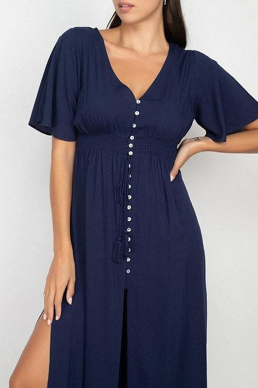 Navy Smocked Waist Maxi Dress With Side Slit - Shopping Therapy, LLC 