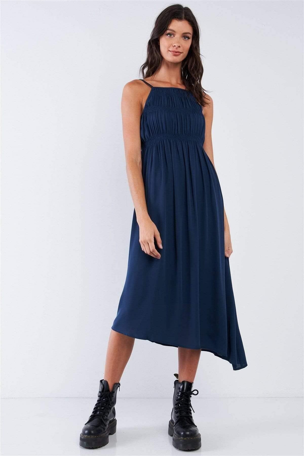 Navy Spaghetti Strap Asymmetric Ruched Maxi Dress - Shopping Therapy, LLC Dress