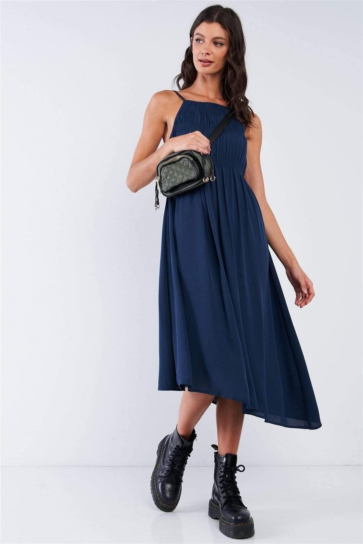 Navy Spaghetti Strap Asymmetric Ruched Maxi Dress - Shopping Therapy, LLC Dress