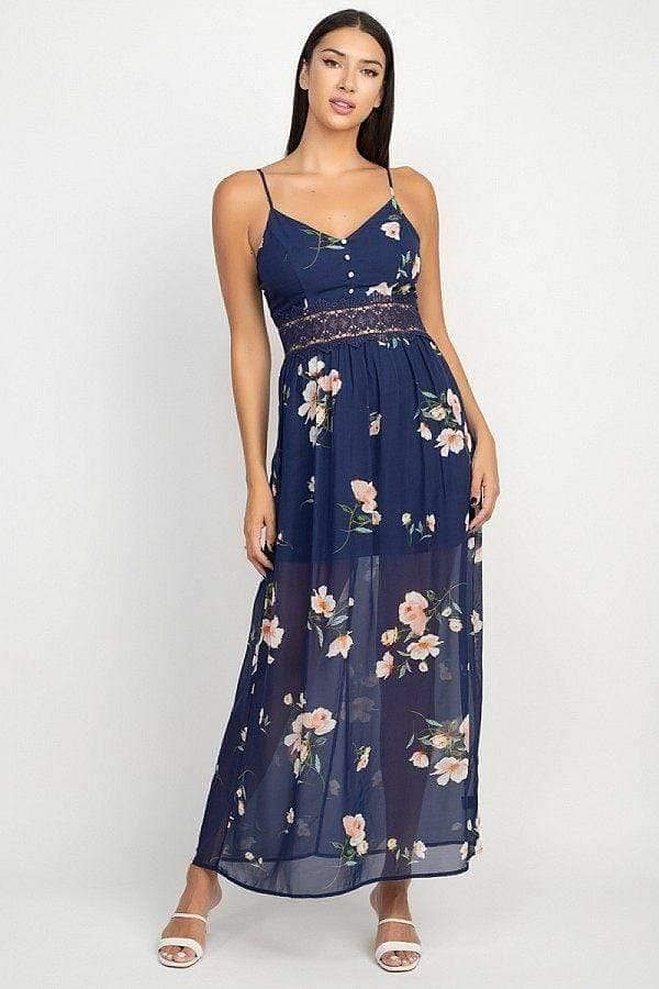 Navy Spaghetti Strap Floral Lace Maxi Dress - Shopping Therapy M dress