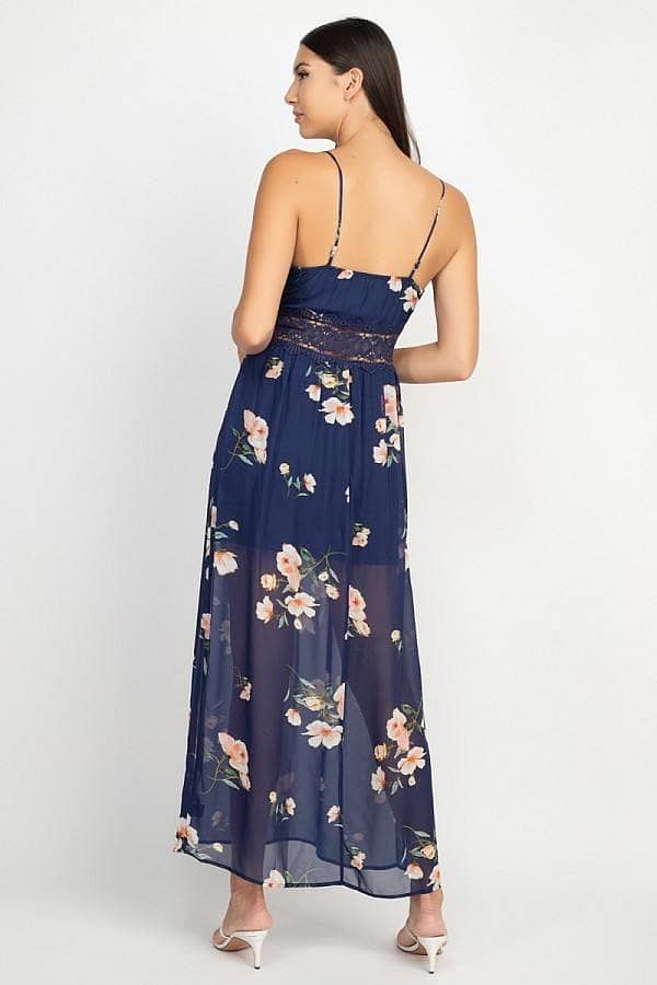 Navy Spaghetti Strap Floral Lace Maxi Dress - Shopping Therapy dress