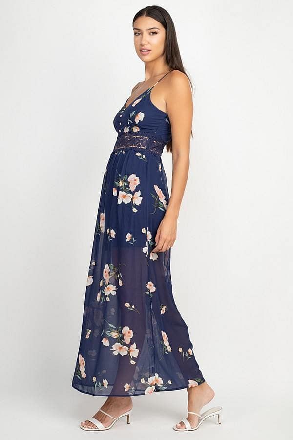 Navy Spaghetti Strap Floral Lace Maxi Dress - Shopping Therapy L dress