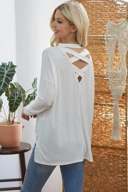 Off White-Long Sleeve Top With Criss Cross Open Back - Shopping Therapy, LLC Tops