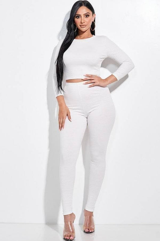 Off-White Midi Sleeve Crop Top And Leggings Set - Shopping Therapy, LLC Outfit Sets
