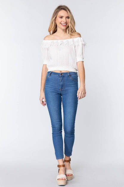 Off-White Off-The-Shoulder Ruffle Top - Shopping Therapy, LLC Top