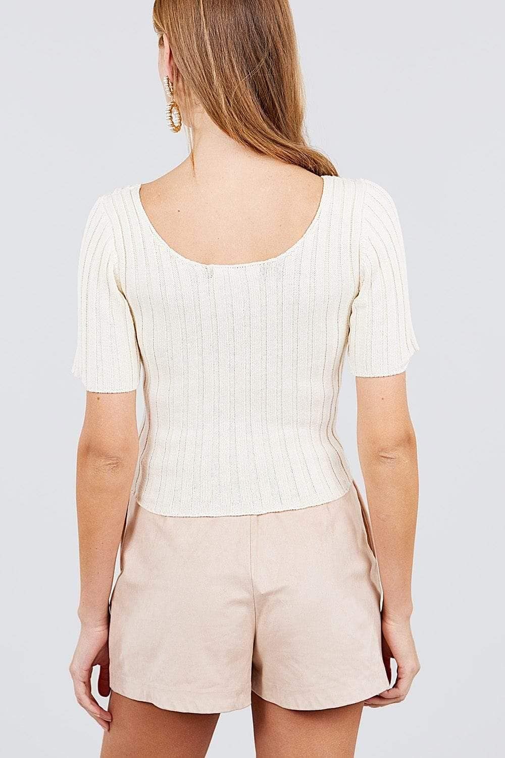 Off White Short Sleeve Rib Knitted Sweater - Shopping Therapy, LLC Tops