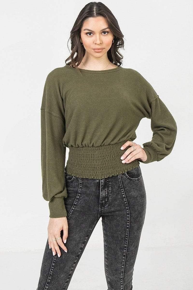 Olive Long Sleeve Smocked Waist Knitted Top - Shopping Therapy, LLC Top