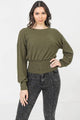 Olive Long Sleeve Smocked Waist Knitted Top