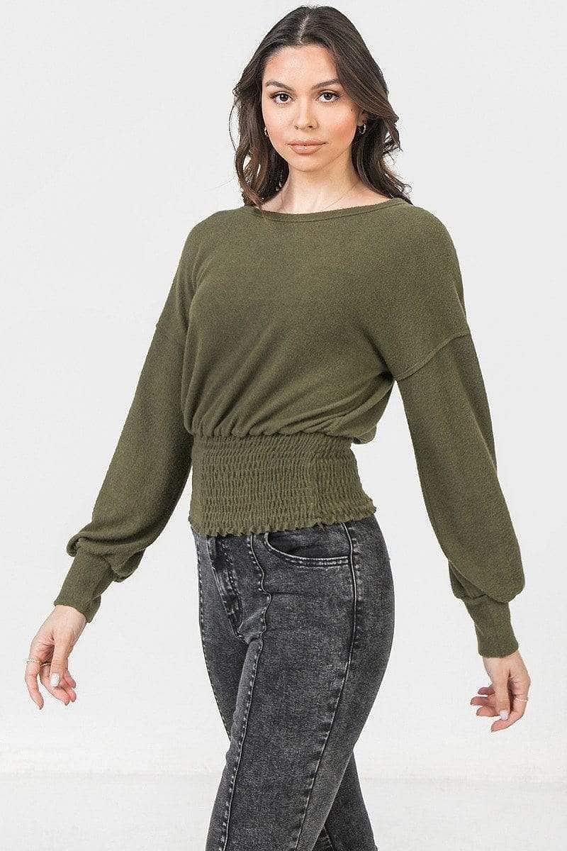 Olive Long Sleeve Smocked Waist Knitted Top - Shopping Therapy, LLC Top