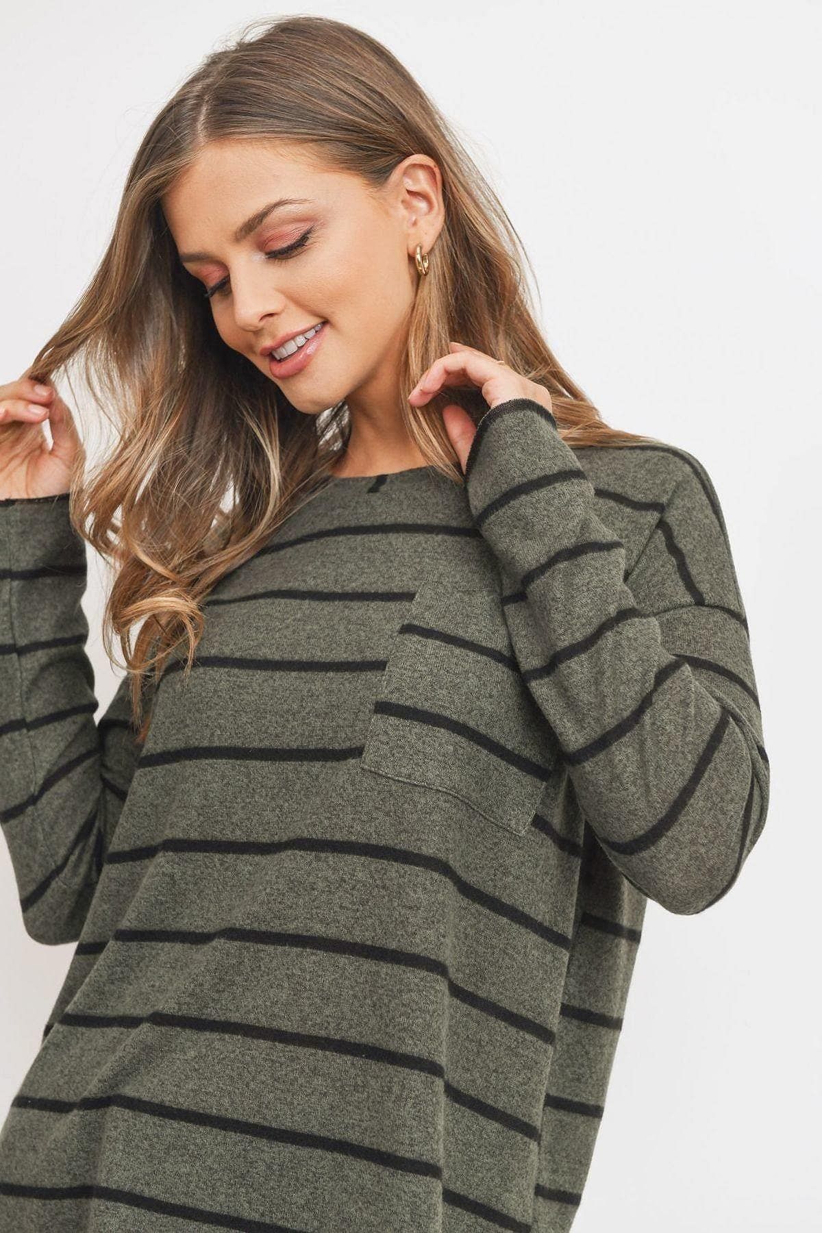 Olive Long Sleeve Stripe Top - Shopping Therapy, LLC Shirts & Tops