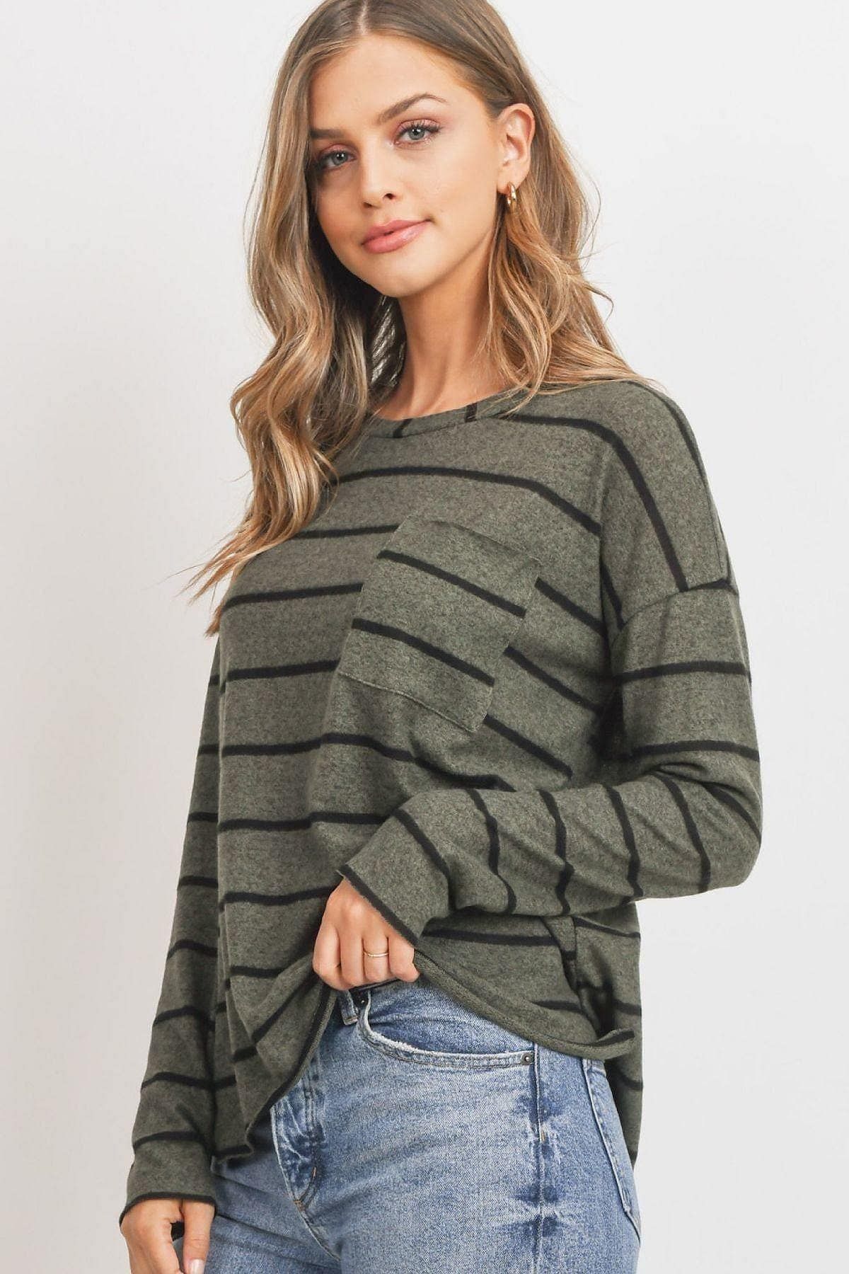 Olive Long Sleeve Stripe Top - Shopping Therapy, LLC Shirts & Tops